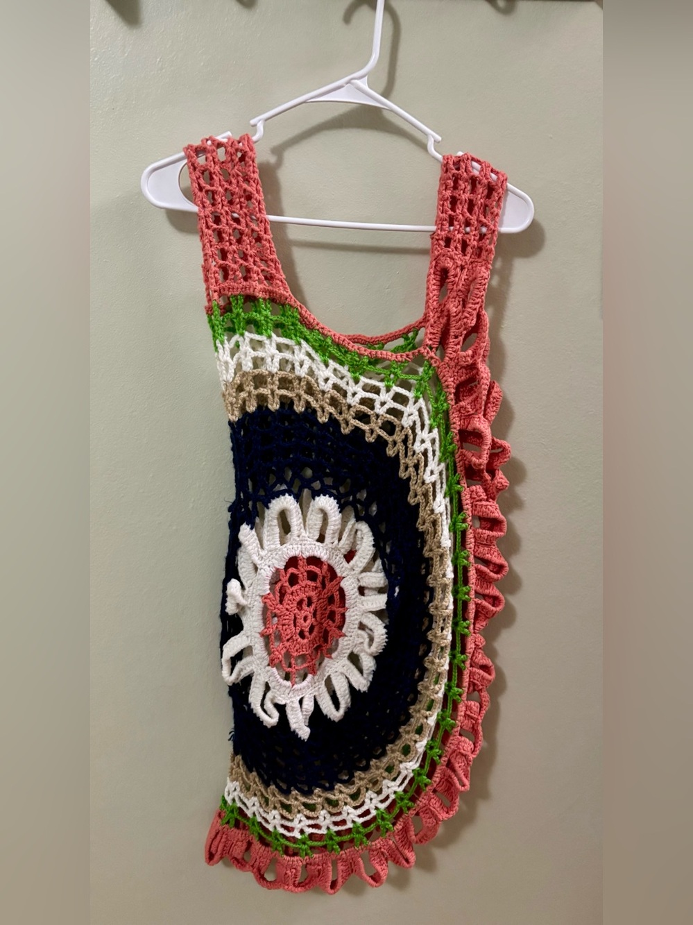 Handmade Crochet Flower Mandala Vest Top Bohemian Ruffled Coral OS